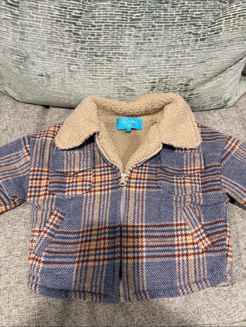 Kids Denim Bay Blue Plaid Sherpa-Lined Jacket with Tan Collar 18M